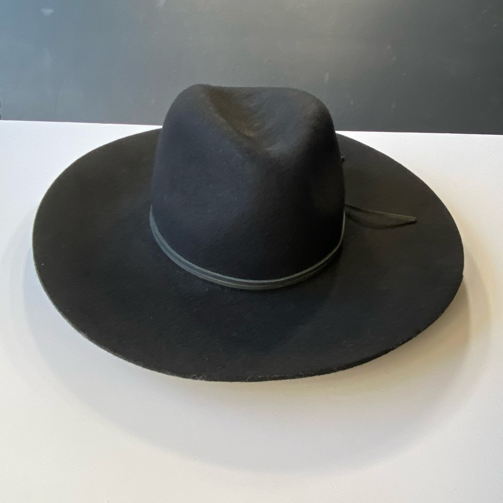 Phenix Women's Black 100% Wool Wide Brim Hat One Size Fits Most Leather accent